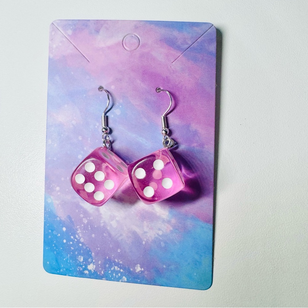 Pink dice stainless steel hooks dangle earrings